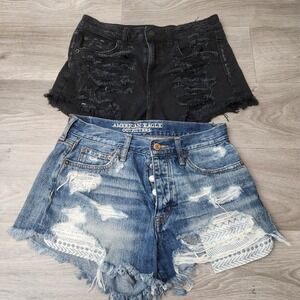 American Eagle Denim Shorty Shorts Size 4 Destroyed Distressed Frayed Black Blue